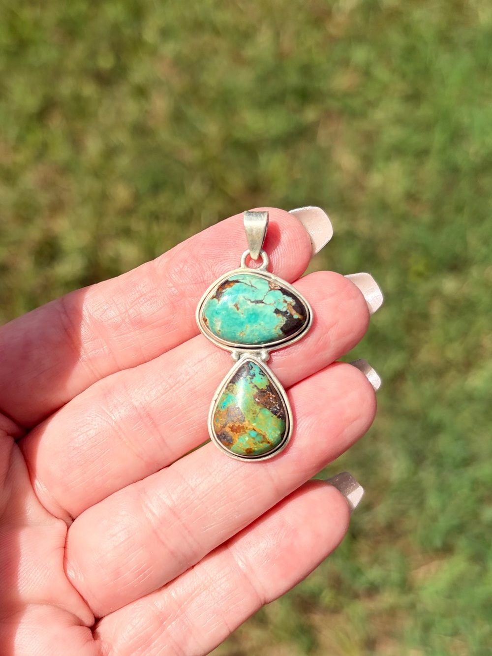 925 Sterling Silver Royston Ribbon Turquoise Double-Drop Pendant - Picture 2 of 11